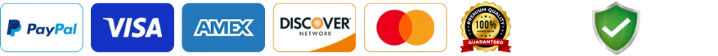 Secure Payment & Trust Badges: PayPal, Visa, Amex, Discover, MasterCard, 100% Money Back Guarantee, SSL Secure